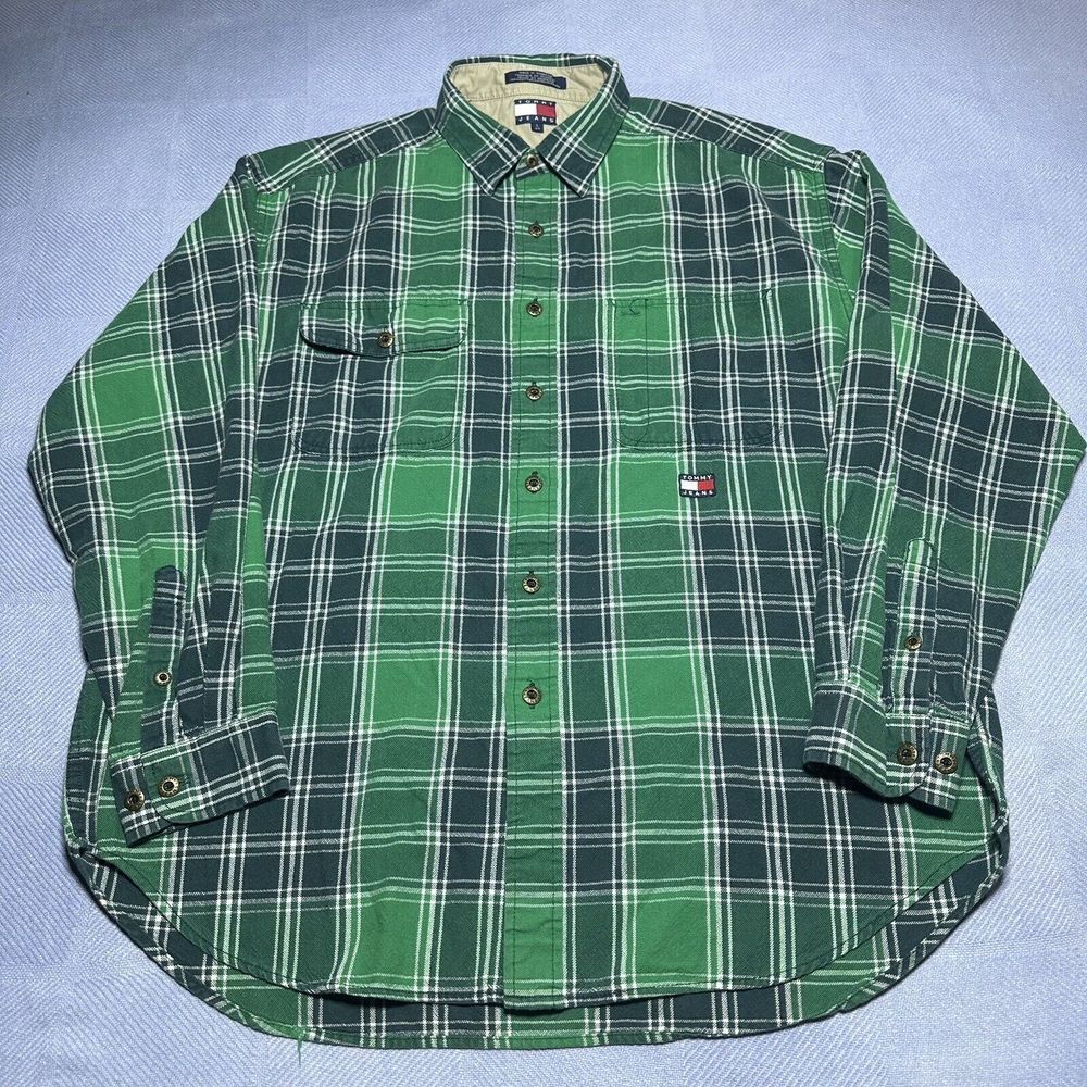 Vintage 1990s Tommy Jeans Green Flannel Plaid Flag‎ Logo Button Shirt Size Large